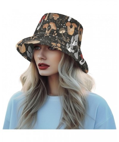 Black Cartoon Mushroom Bucket Hat for Women Men Packable Bucket Hat Unisex Fishing Cap for Daily Travel Fall Winter $11.49 Bu...