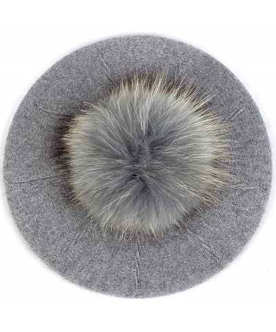 Plush Berets for Women Warm Solid Color Soft Elastic Winter Hats Girls Female Ladies Cap with Fur Pom Pom Light Gray B $17.97...