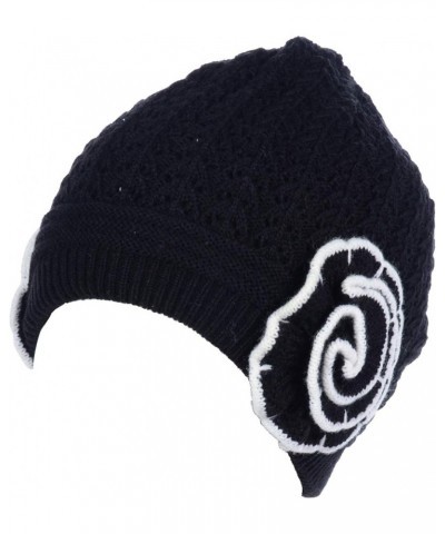 BYOS Womens Winter Knit Plush Fleece Lined Beanie Ski Hat Sk Skullie Various Styles Double Flower Black $12.34 Skullies & Bea...