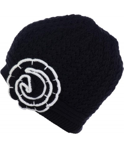 BYOS Womens Winter Knit Plush Fleece Lined Beanie Ski Hat Sk Skullie Various Styles Double Flower Black $12.34 Skullies & Bea...