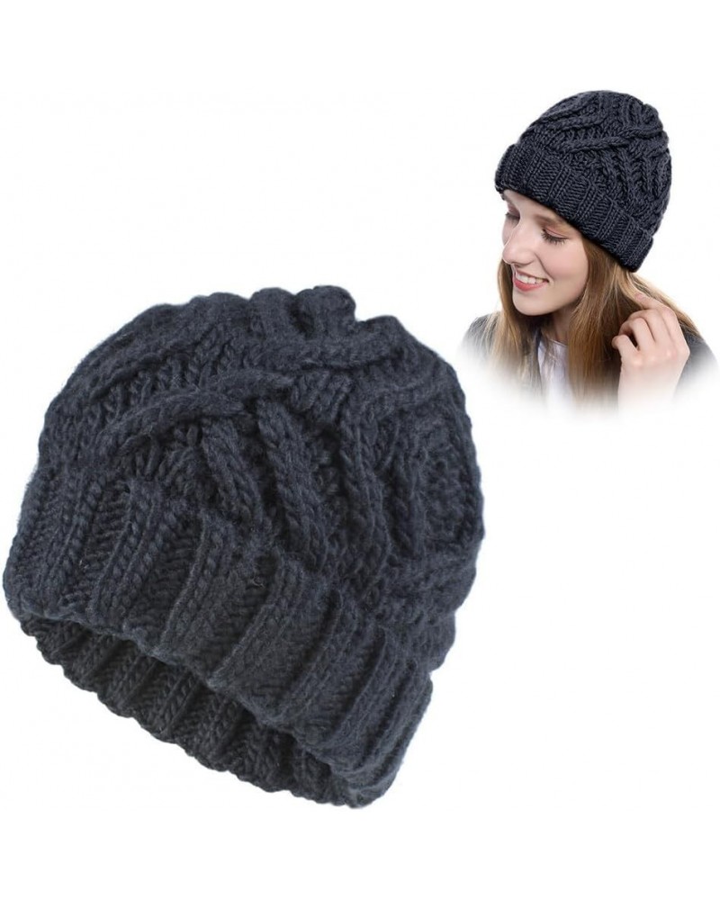 Women Winter Knit Beanie Hats, Knit Satin Lined Chunky Cap Soft Stretch Cable Knit Warm Slouchy Beanie Hat Black $7.90 Skulli...