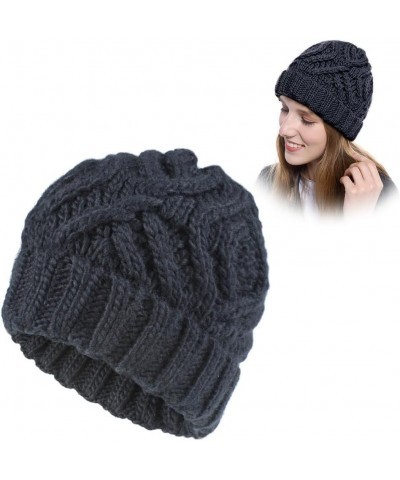 Women Winter Knit Beanie Hats, Knit Satin Lined Chunky Cap Soft Stretch Cable Knit Warm Slouchy Beanie Hat Black $7.90 Skulli...