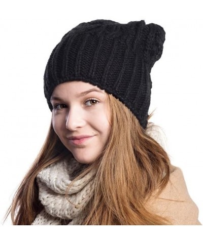 Women Winter Knit Beanie Hats, Knit Satin Lined Chunky Cap Soft Stretch Cable Knit Warm Slouchy Beanie Hat Black $7.90 Skulli...