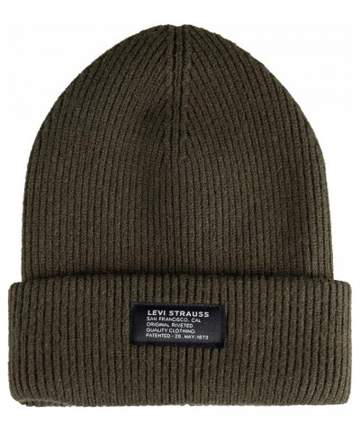 Men's Cozy Knit Cuffed Logo Patch Beanie Hats Ribbed Olive $13.06 Skullies & Beanies