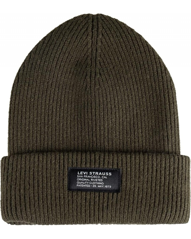 Men's Cozy Knit Cuffed Logo Patch Beanie Hats Ribbed Olive $13.06 Skullies & Beanies