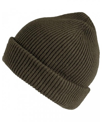 Men's Cozy Knit Cuffed Logo Patch Beanie Hats Ribbed Olive $13.06 Skullies & Beanies