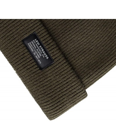 Men's Cozy Knit Cuffed Logo Patch Beanie Hats Ribbed Olive $13.06 Skullies & Beanies