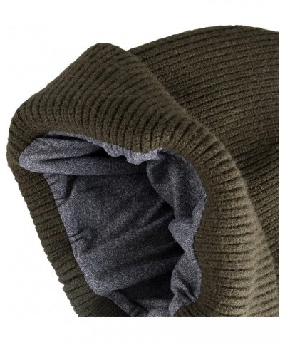 Men's Cozy Knit Cuffed Logo Patch Beanie Hats Ribbed Olive $13.06 Skullies & Beanies