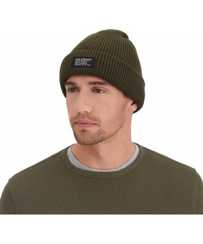 Men's Cozy Knit Cuffed Logo Patch Beanie Hats Ribbed Olive $13.06 Skullies & Beanies