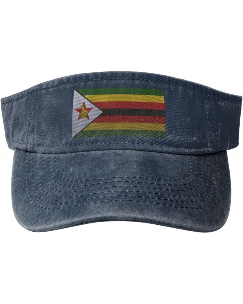 Flag of Zimbabwe Knitting Effect Sun Visor Hats for Women Men Adjustable Cotton Sun Hat Golf Cap Navy Blue $12.66 Visors