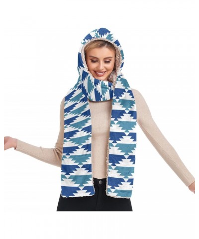 Women Winter Warm Hoodie Hat Scarf -Art Blue Geometric， Long Scarf Wraps with Gloves Pocket，Three-in-One Design, and Outdoor ...