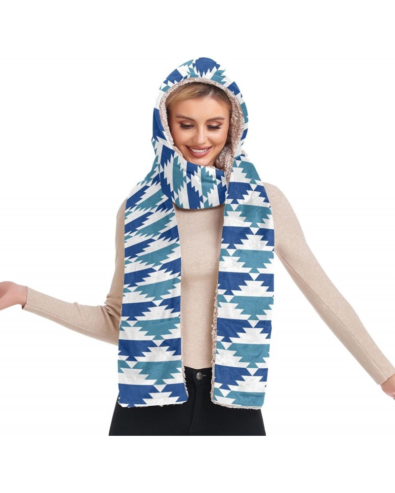 Women Winter Warm Hoodie Hat Scarf -Art Blue Geometric， Long Scarf Wraps with Gloves Pocket，Three-in-One Design, and Outdoor ...