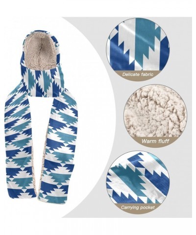 Women Winter Warm Hoodie Hat Scarf -Art Blue Geometric， Long Scarf Wraps with Gloves Pocket，Three-in-One Design, and Outdoor ...