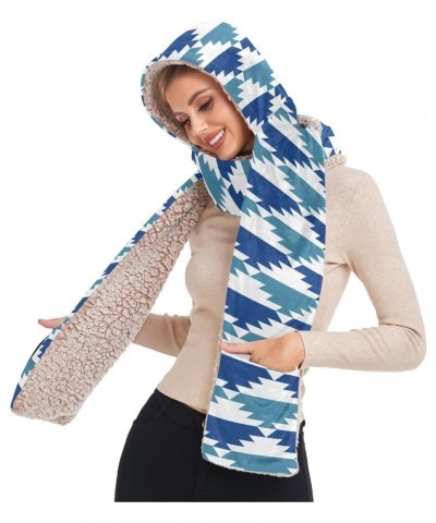 Women Winter Warm Hoodie Hat Scarf -Art Blue Geometric， Long Scarf Wraps with Gloves Pocket，Three-in-One Design, and Outdoor ...