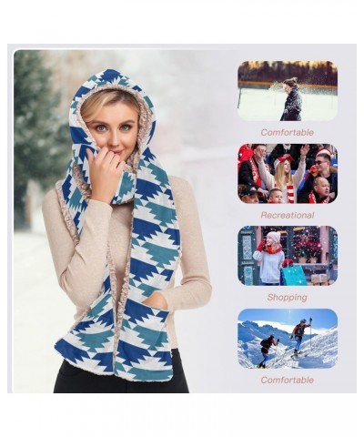 Women Winter Warm Hoodie Hat Scarf -Art Blue Geometric， Long Scarf Wraps with Gloves Pocket，Three-in-One Design, and Outdoor ...