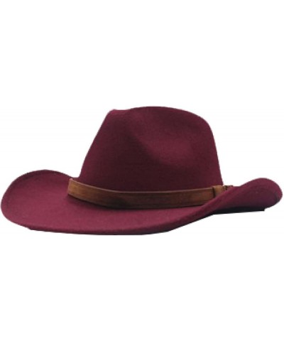 Men's Crushable Felt Outback Hat Wool Wide Brim Western Cowboy Hat Elegant Lady Cowgirl Hat with Leather Belt Red Wine $22.79...