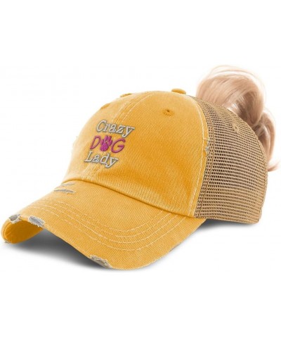 Womens Ponytail Cap Crazy Dog Lady Cotton Distressed Trucker Hats Mustard $16.51 Baseball Caps