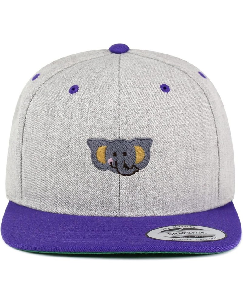 Elephant Embroidered Yupoong Flat Bill 6 Panel Snapback Hat Zoo Light Heather/Purple $16.49 Baseball Caps