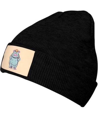 Cartoon Hippos Print Unisex Soft Warm Beanie Hat for Men Women Elastic Lightweight Skiing Knitted Hat Black $11.65 Skullies &...