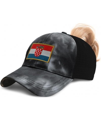 Womens Ponytail Cap Croatia Europe Football Cup Distressed Trucker Hats Tie Dye Black $14.78 Baseball Caps