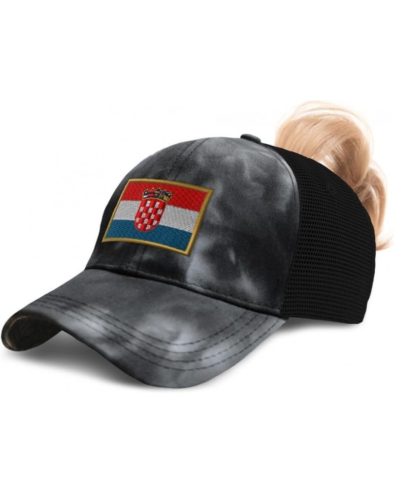 Womens Ponytail Cap Croatia Europe Football Cup Distressed Trucker Hats Tie Dye Black $14.78 Baseball Caps