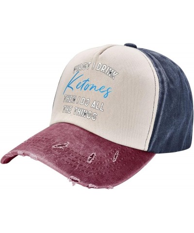 First I Drink Ketones Then I Do Things Women's Baseball Hat Retro Washed Denim Trucker Hat Adjustable,Dark Red Navy and Red $...