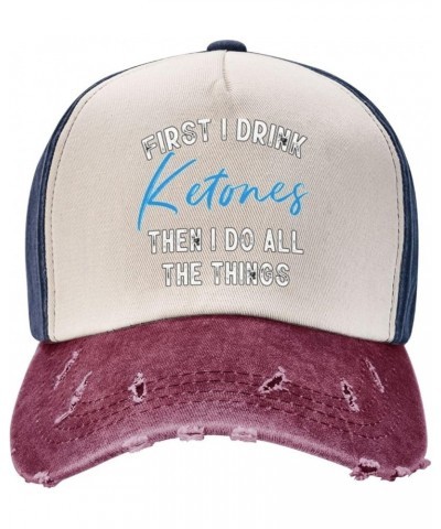 First I Drink Ketones Then I Do Things Women's Baseball Hat Retro Washed Denim Trucker Hat Adjustable,Dark Red Navy and Red $...