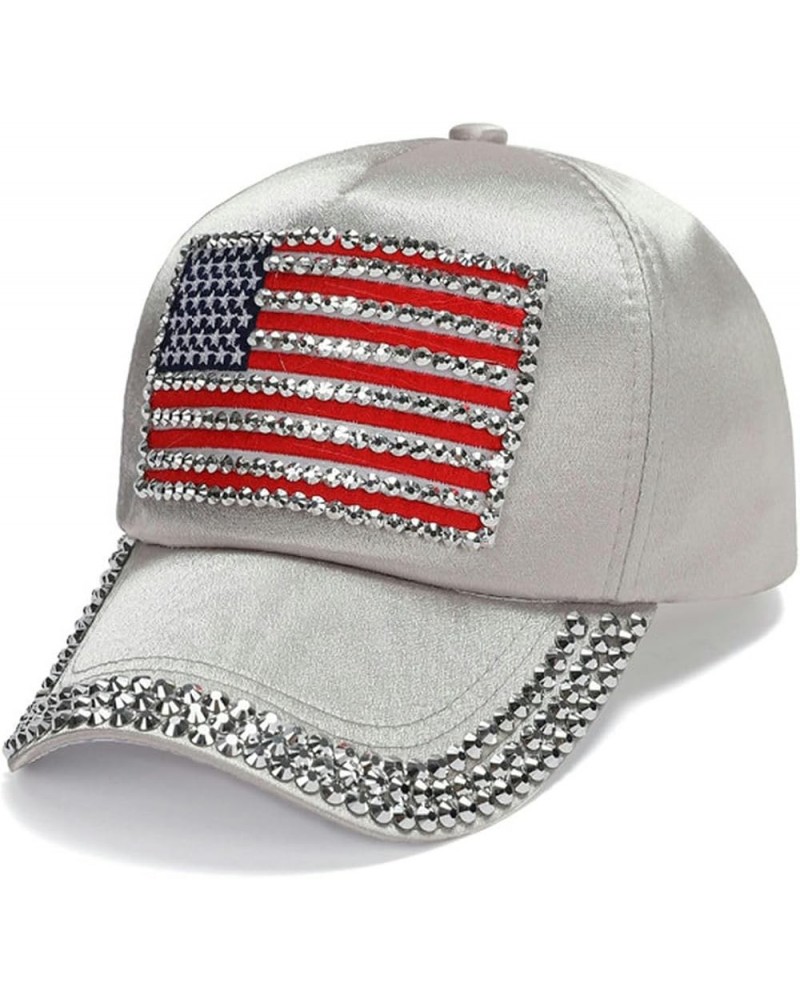 USA Flag Bling Hat Unisex, Independence Day Rhinestones Smooth Satin Lined Exterior Baseball Cap Light Gray $10.78 Baseball Caps