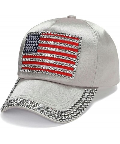 USA Flag Bling Hat Unisex, Independence Day Rhinestones Smooth Satin Lined Exterior Baseball Cap Light Gray $10.78 Baseball Caps