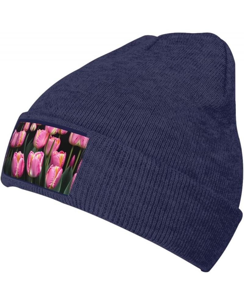 Pink and Tulips Print Print Unisex Beanie for Men and Women Knit Hat Winter Beanies,Skater Beanie Navy Blue $11.14 Skullies &...