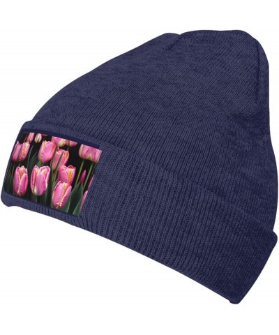 Pink and Tulips Print Print Unisex Beanie for Men and Women Knit Hat Winter Beanies,Skater Beanie Navy Blue $11.14 Skullies &...