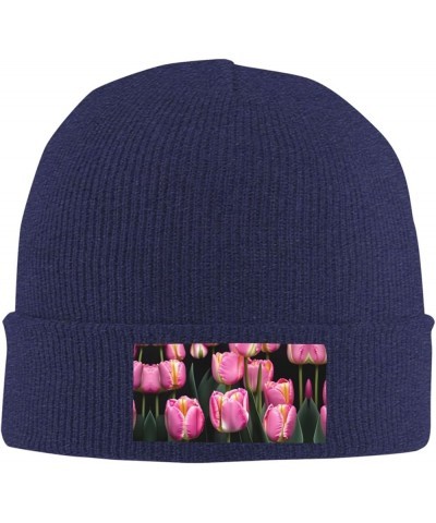 Pink and Tulips Print Print Unisex Beanie for Men and Women Knit Hat Winter Beanies,Skater Beanie Navy Blue $11.14 Skullies &...