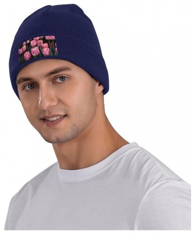 Pink and Tulips Print Print Unisex Beanie for Men and Women Knit Hat Winter Beanies,Skater Beanie Navy Blue $11.14 Skullies &...