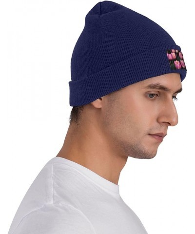 Pink and Tulips Print Print Unisex Beanie for Men and Women Knit Hat Winter Beanies,Skater Beanie Navy Blue $11.14 Skullies &...