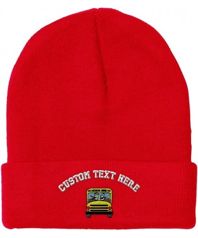 Custom Beanies for Men School Bus Girl Embroidery Bus Winter Hats for Women Acrylic Skull Cap 1 Size Red Personalized Text He...