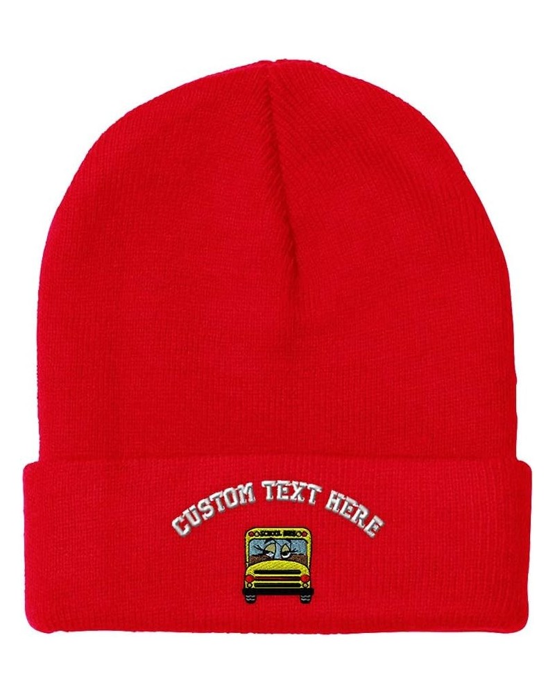 Custom Beanies for Men School Bus Girl Embroidery Bus Winter Hats for Women Acrylic Skull Cap 1 Size Red Personalized Text He...