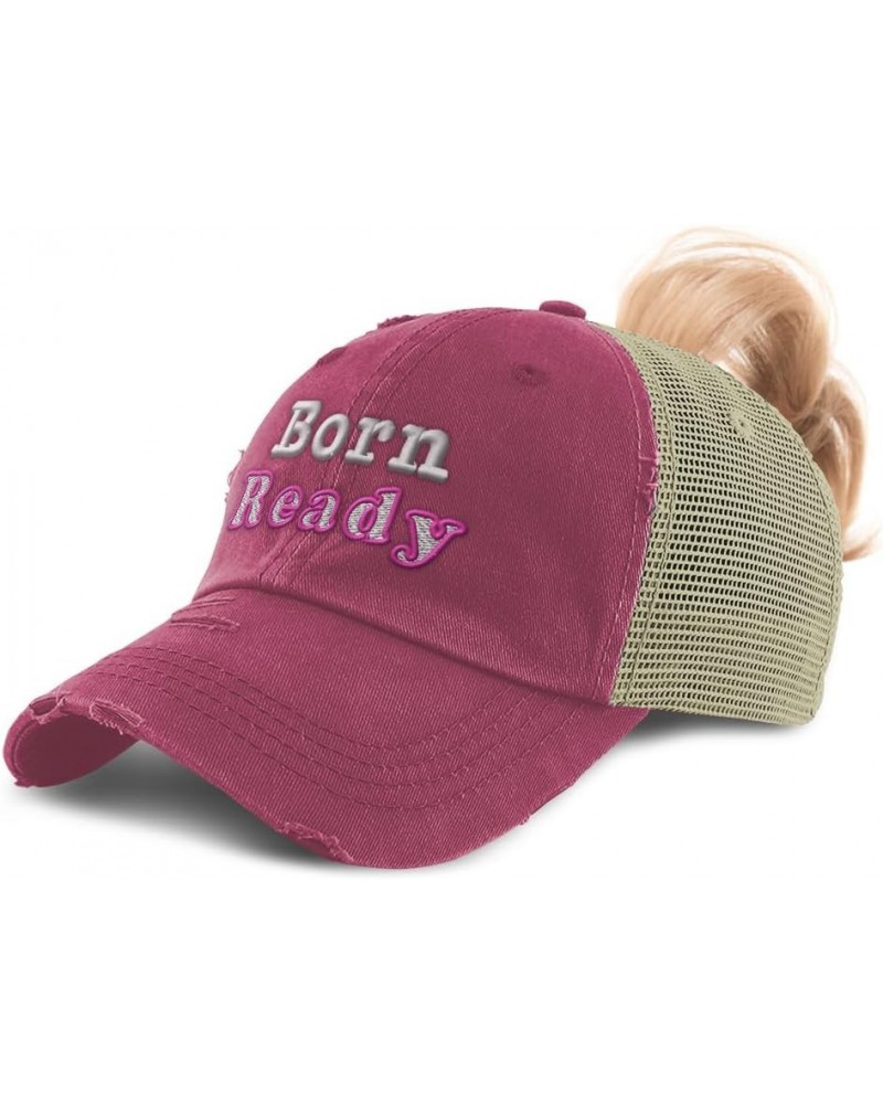 Womens Ponytail Cap Born Ready Cotton Distressed Trucker Hats Burgundy $12.40 Baseball Caps