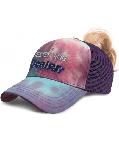 Custom Womens Ponytail Cap Dealer Poker Cotton Craps Distressed Trucker Hat Tie Dye Purple Personalized Text Here $16.79 Base...