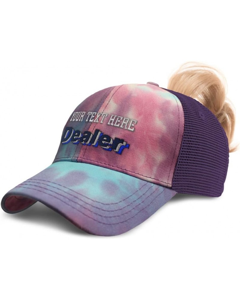 Custom Womens Ponytail Cap Dealer Poker Cotton Craps Distressed Trucker Hat Tie Dye Purple Personalized Text Here $16.79 Base...