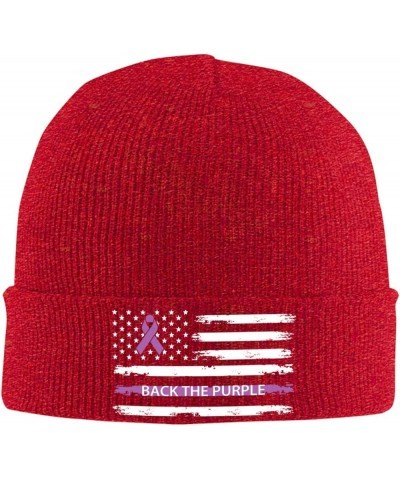 Back The Purple Ribbon USA Flag Leiomyosarcoma Awareness Winter Warm Knit Hat - Soft Beanie Cap Black Red $13.30 Skullies & B...