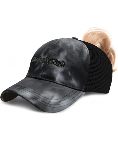 Womens Ponytail Cap Hairstylist Hair Cotton Salon Distressed Trucker Hat Tie Dye Black Design Only $14.26 Baseball Caps