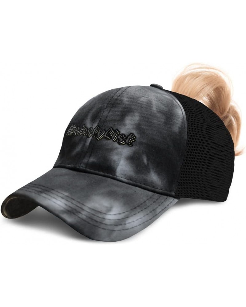 Womens Ponytail Cap Hairstylist Hair Cotton Salon Distressed Trucker Hat Tie Dye Black Design Only $14.26 Baseball Caps