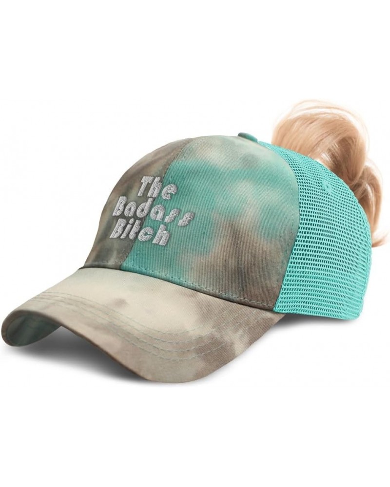 Womens Ponytail Cap The Badass Bitch Cotton Distressed Trucker Hats Tie Dye Aqua $13.95 Baseball Caps