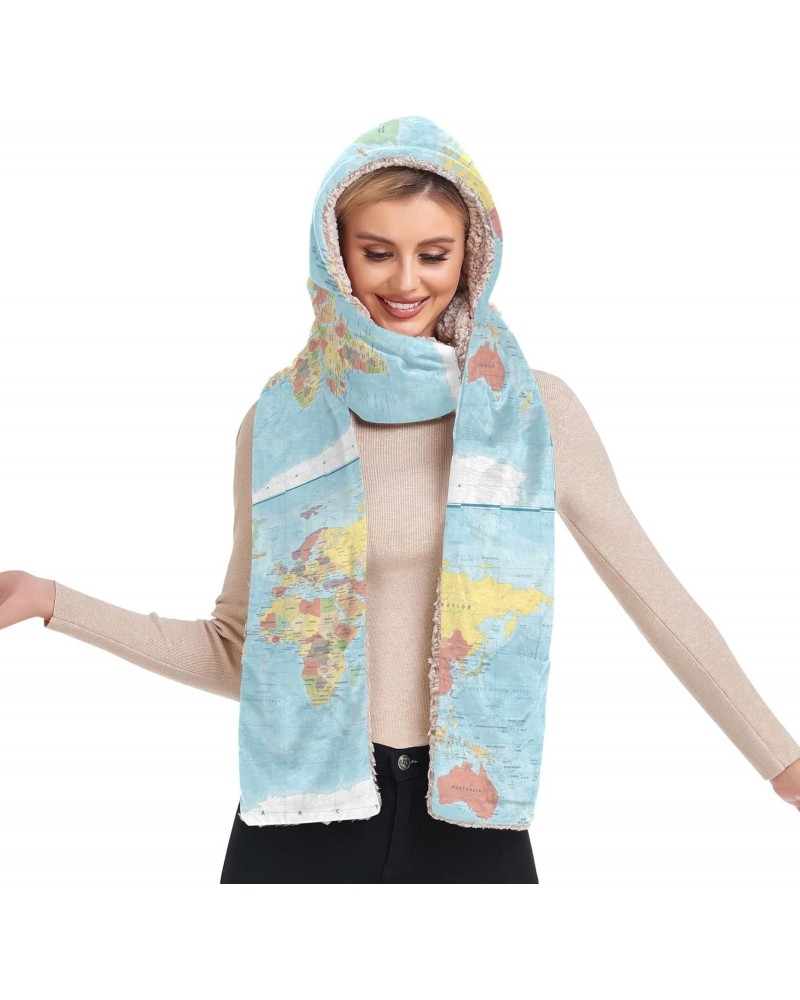 Women Winter Warm Hoodie Hat Scarf Gloves Pocket Warm Hat Colored World Map Long Scarf Wraps $14.26 Scarves