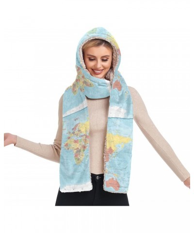 Women Winter Warm Hoodie Hat Scarf Gloves Pocket Warm Hat Colored World Map Long Scarf Wraps $14.26 Scarves