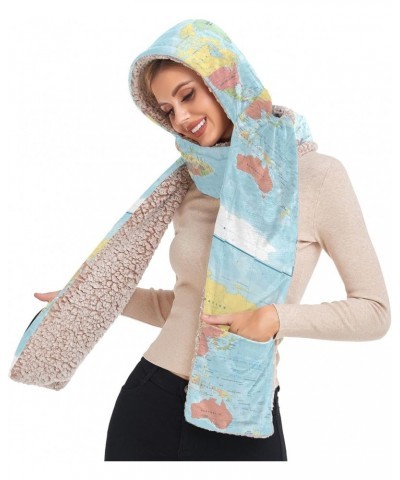 Women Winter Warm Hoodie Hat Scarf Gloves Pocket Warm Hat Colored World Map Long Scarf Wraps $14.26 Scarves