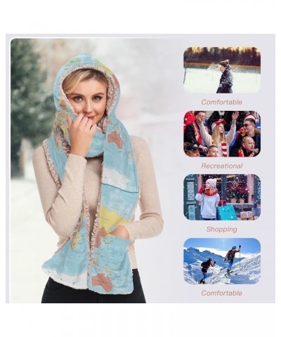 Women Winter Warm Hoodie Hat Scarf Gloves Pocket Warm Hat Colored World Map Long Scarf Wraps $14.26 Scarves