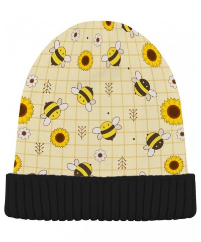 Cute Bee and Sunflower Beanie for Women Men Winter Hat Reversible Skull Cuffed Knit Cap, Black Fluff $11.50 Skullies & Beanies