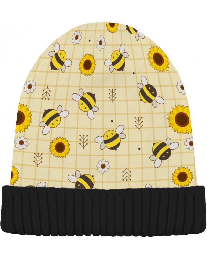 Cute Bee and Sunflower Beanie for Women Men Winter Hat Reversible Skull Cuffed Knit Cap, Black Fluff $11.50 Skullies & Beanies