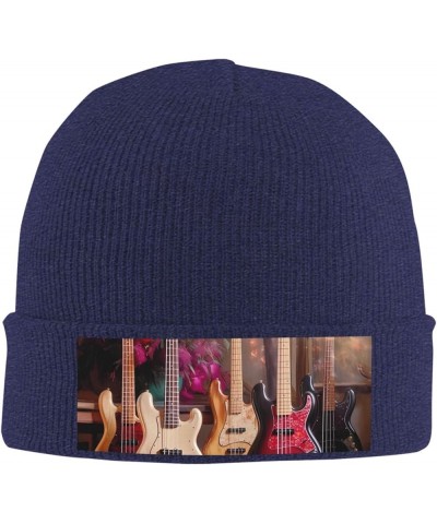 Guitar Bass Music Musical Instruments Print Knit Hat Winter Knit Hat for Men Women Navy Blue $10.98 Skullies & Beanies